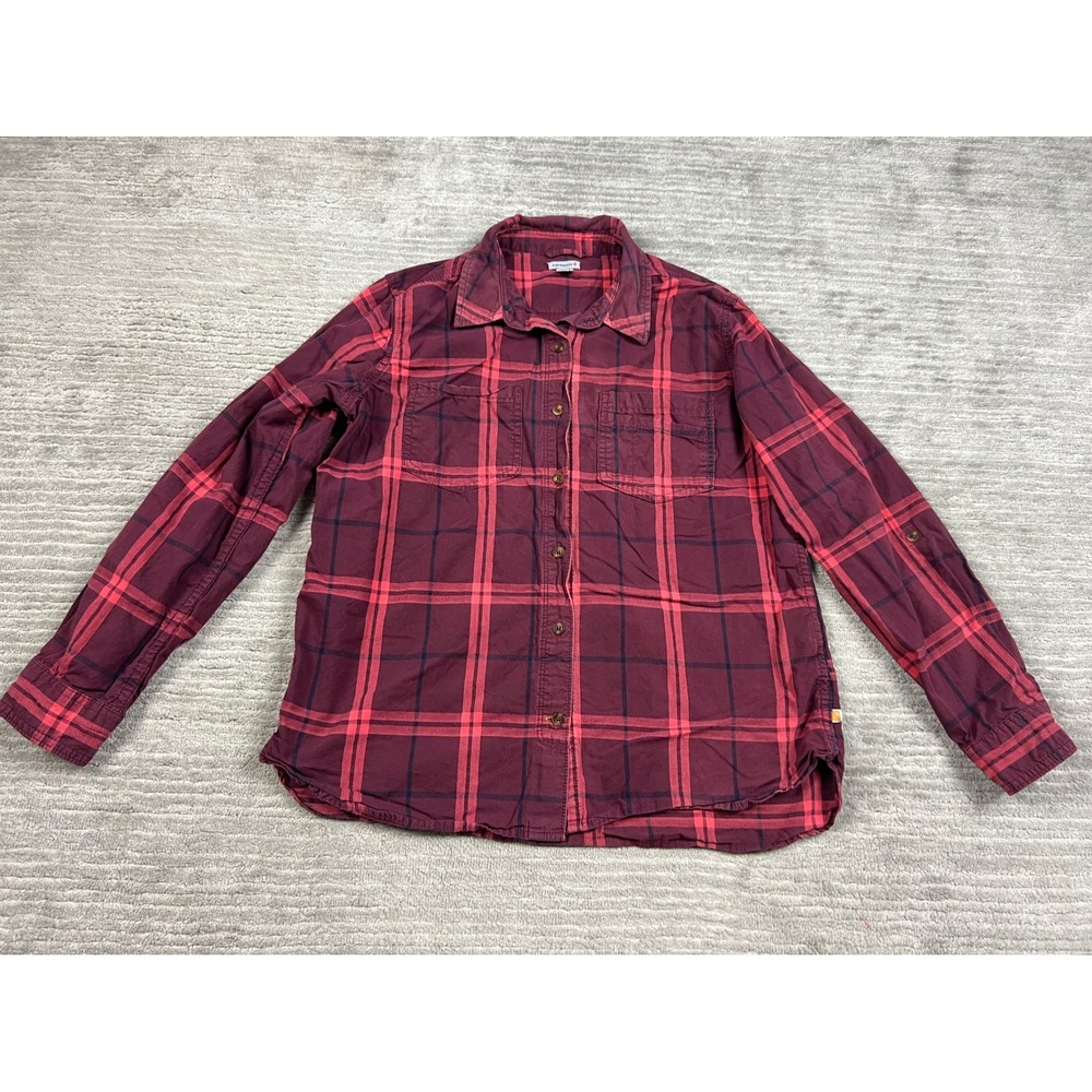 Carhartt Button Up Shirt Women L Burgundy Plaid 103085 Roll Tab Sleeve Cotton